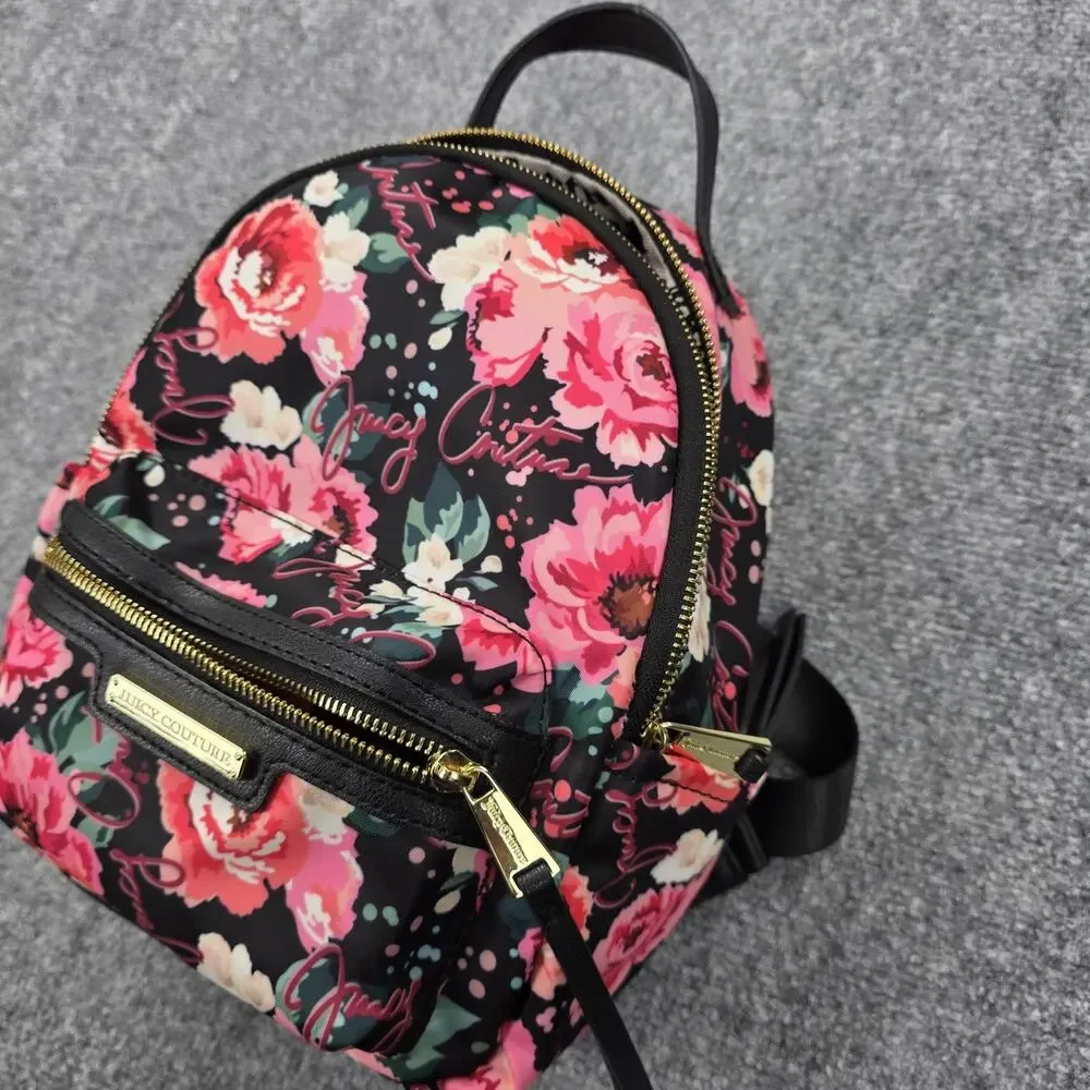 Juicy Couture Backpack Womens Mini Black Floral Rose Print Casual Daypack Zip